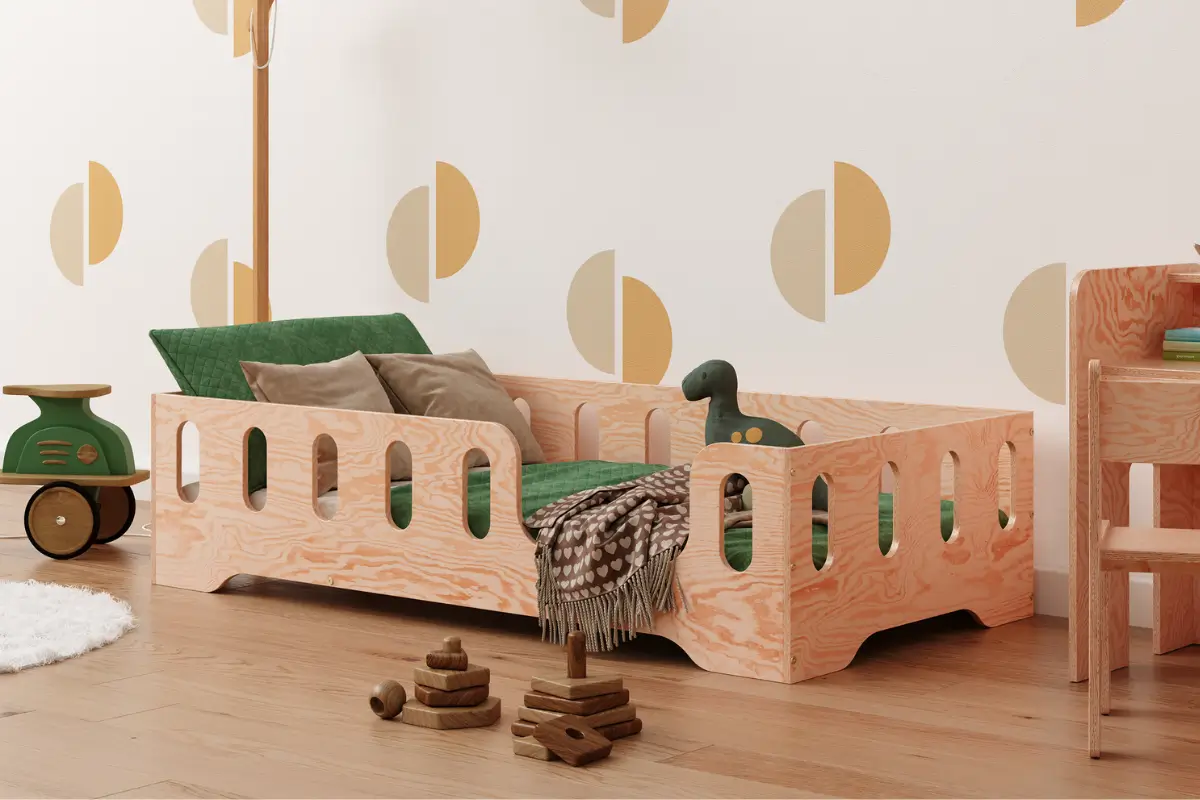 Łóżko pojedyncze dla dzieci z barierką i stelażem TILA 2 Montessori Drewniane